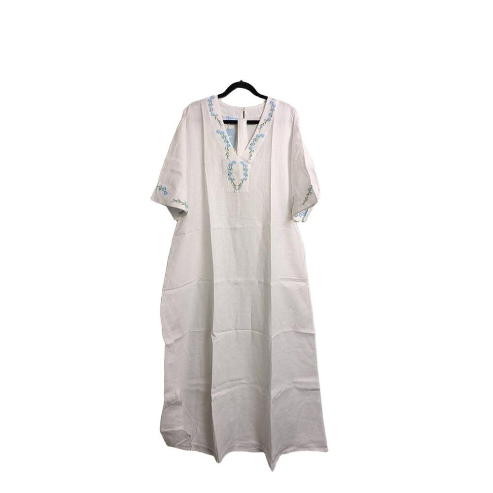 NWT Andie Fanm Mon White Embroidery V Neck Loose Fit Caftan Resort Dress Linen M